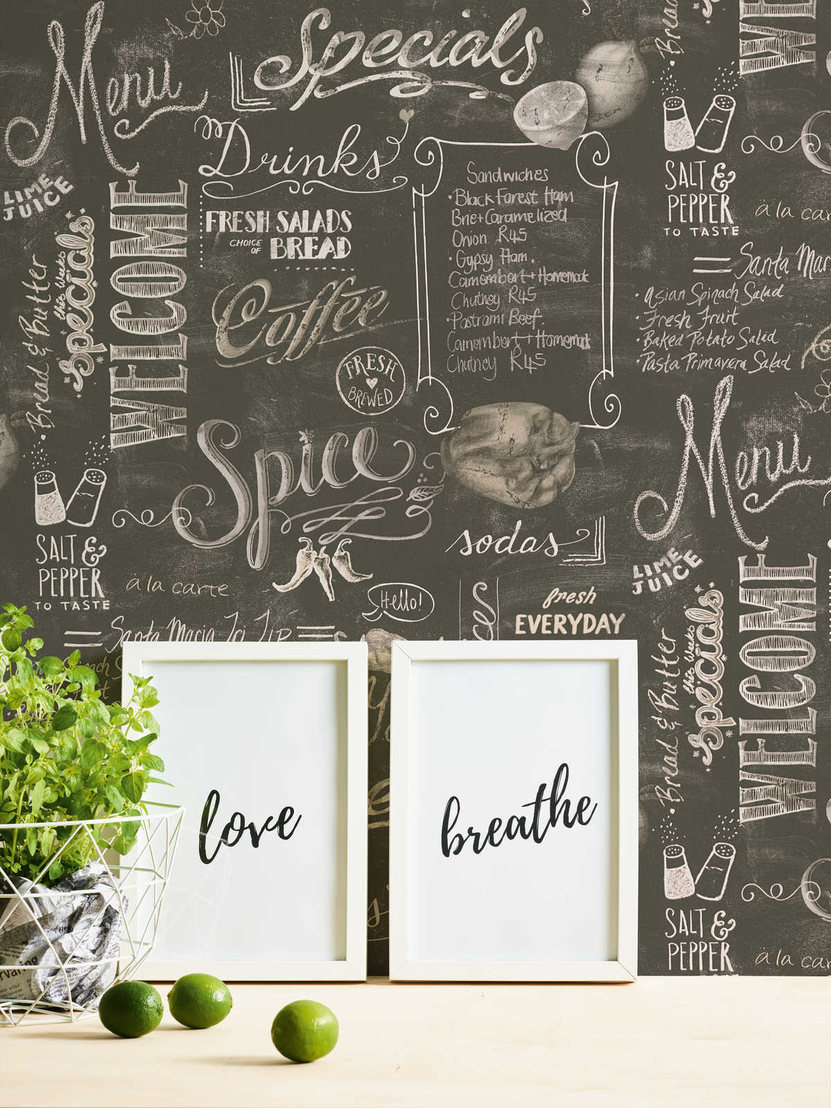             Self-adhesive wallpaper | menu board for the kitchen - black, grey, white
        