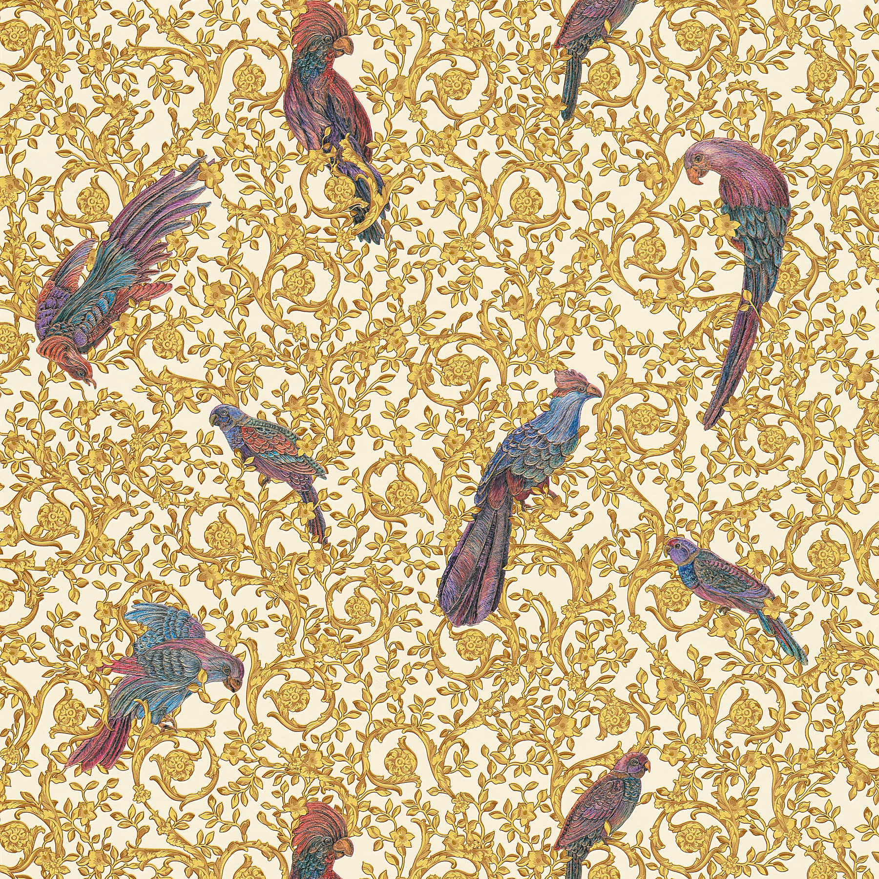 VERSACE Home wallpaper paradise birds & golden accents - gold, purple, cream
