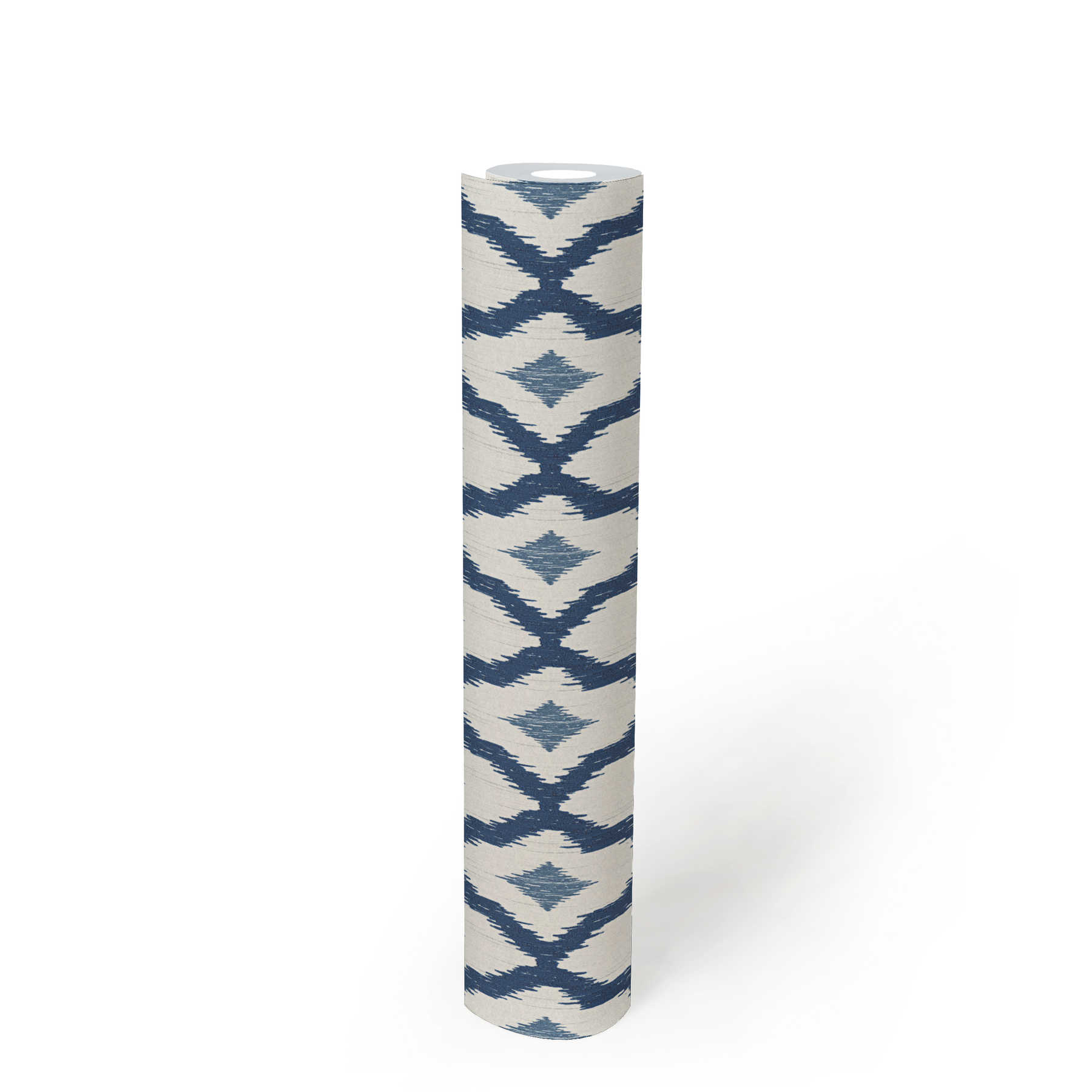             Vliesbehang ikat patroon met ruitjesmotief - blauw, wit
        