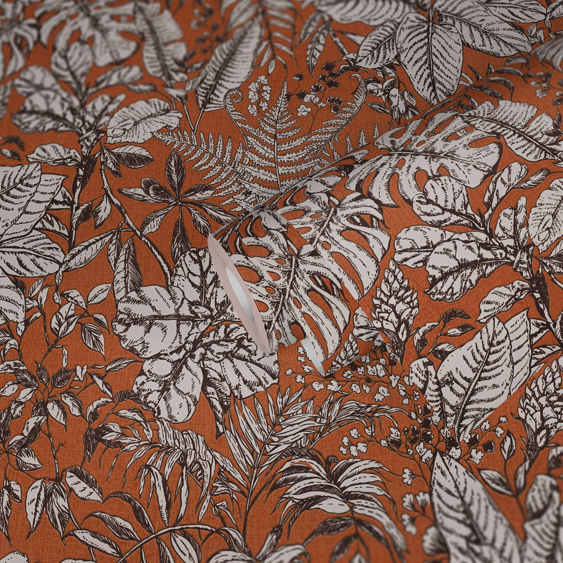             Papel pintado de hojas de selva, monstera y helechos - naranja, blanco, marrón
        