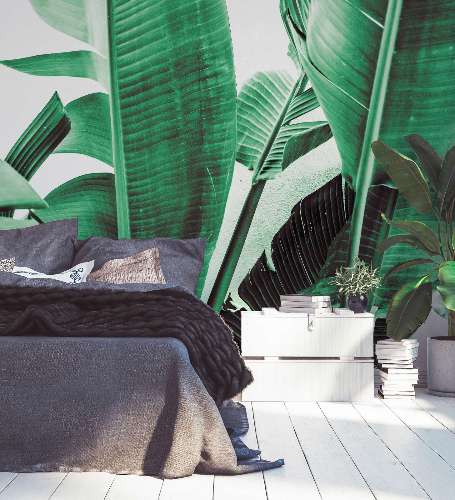             Papier peint panoramique Détail de feuilles de palmier - vert, blanc
        