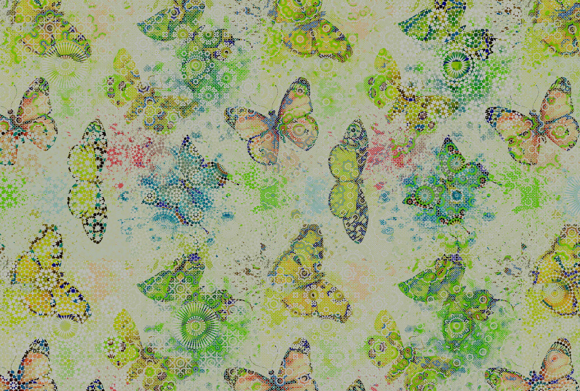             Mosiac style butterflies mural - green, cream
        