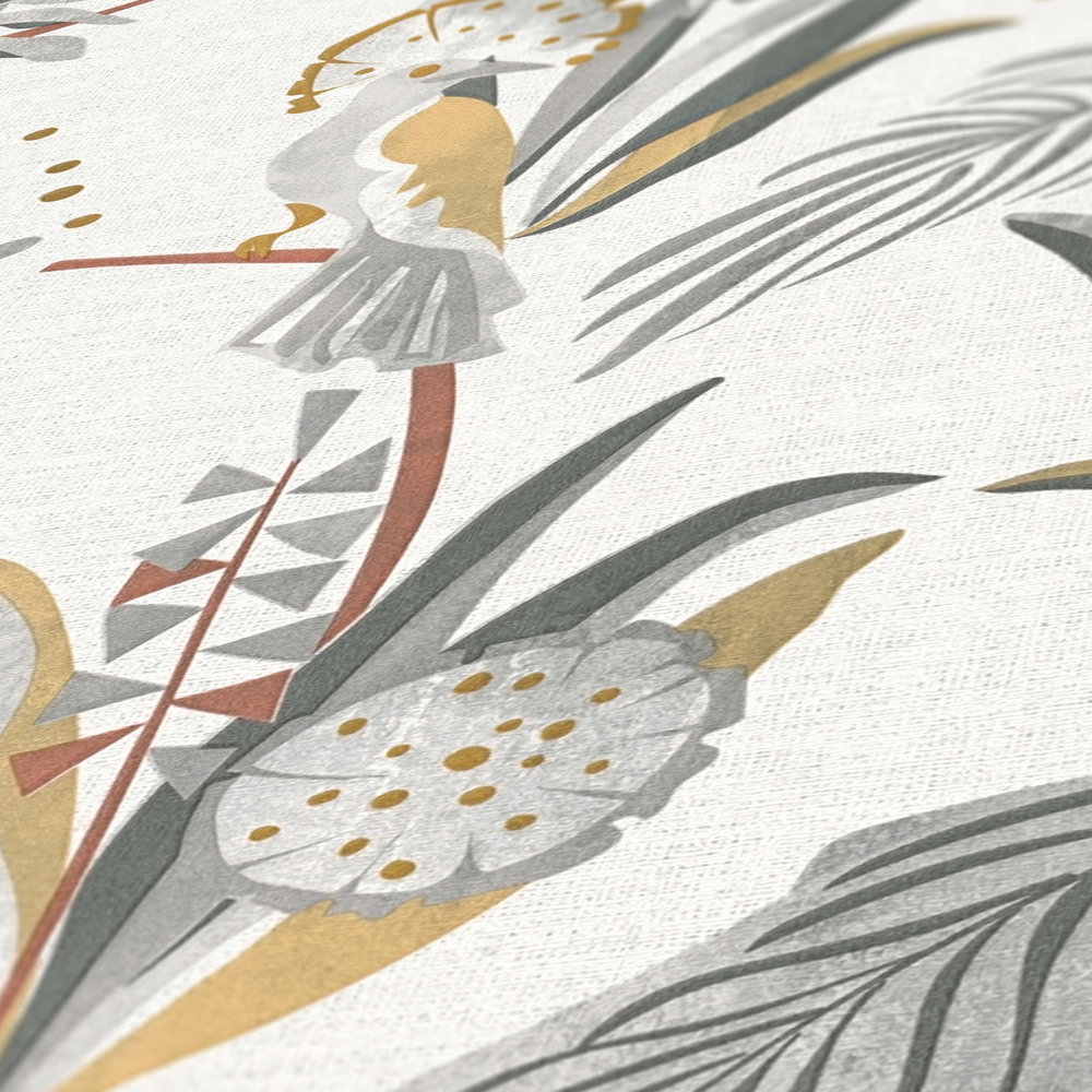             Papier peint jungle avec feuilles de palmier & oiseaux aspect lin - gris, or
        