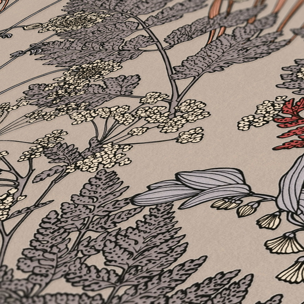             Beige gebloemd behang met bladeren & bloemen tekening - Beige, Grijs, Rood
        