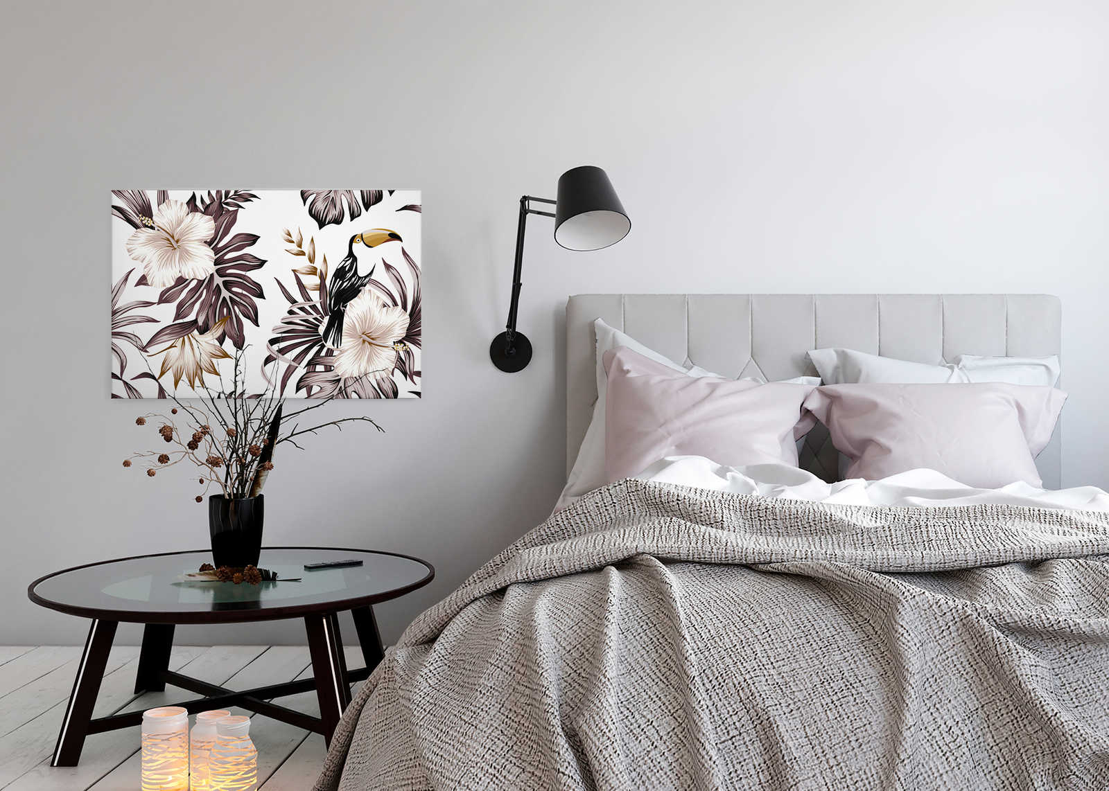             Canvas with jungle plants and pelican | Grey, White, Black - 0.90 m x 0.60 m
        