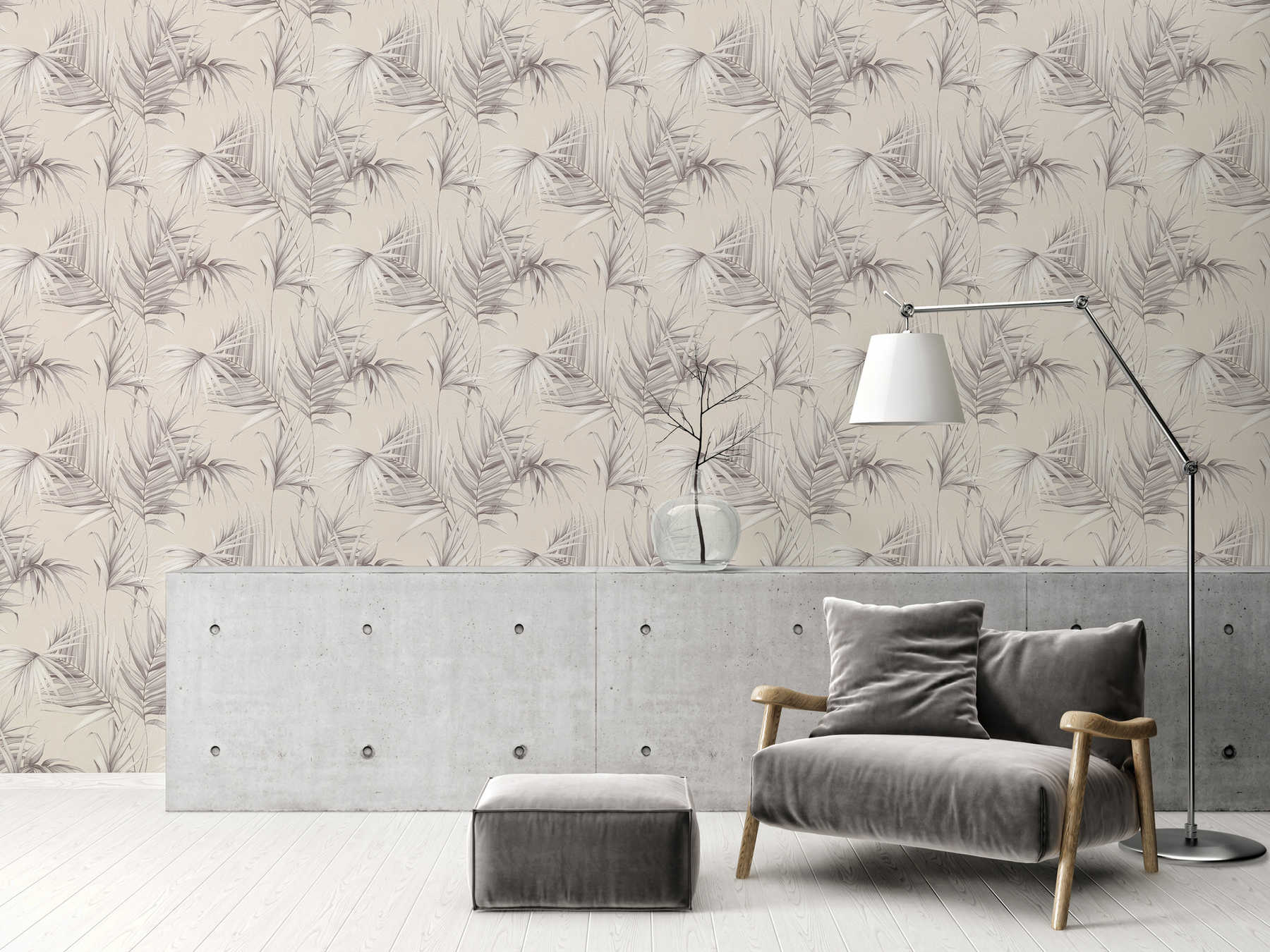             Palm leaves wallpaper with texture effect - beige, grey
        