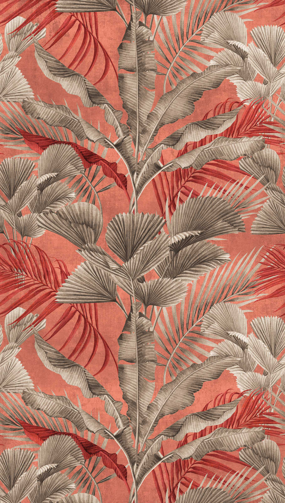             Jungle behang met tropische planten - roze, rood, grijs
        