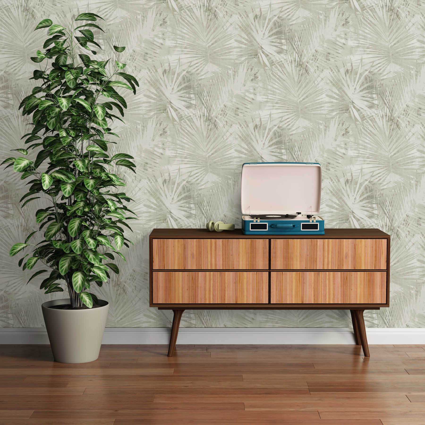             Hygge wallpaper with leaves motif in watercolour style - cream, green
        