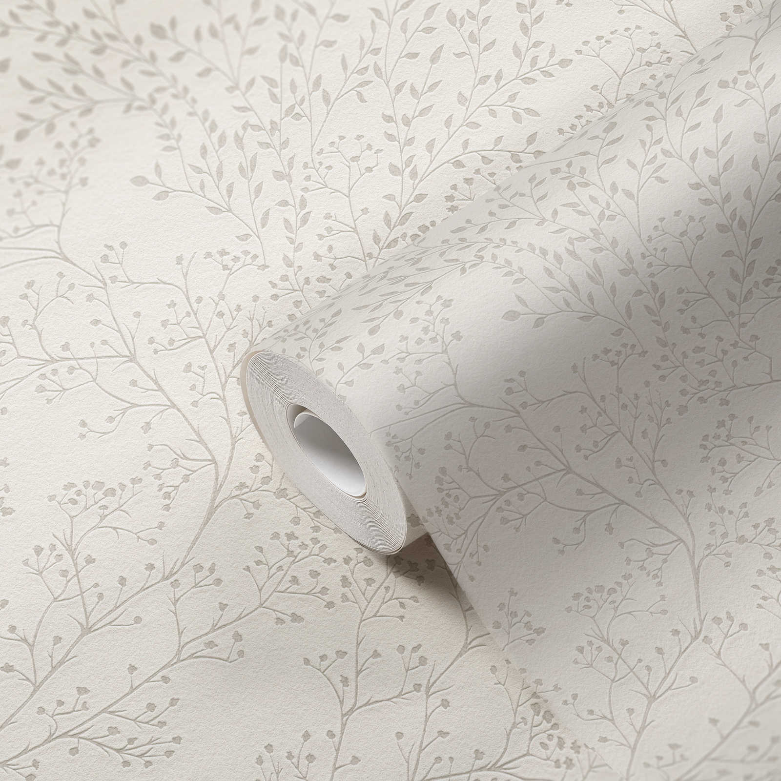             Papel pintado liso blanco crema con diseño de hojas, efecto de brillo y textura
        