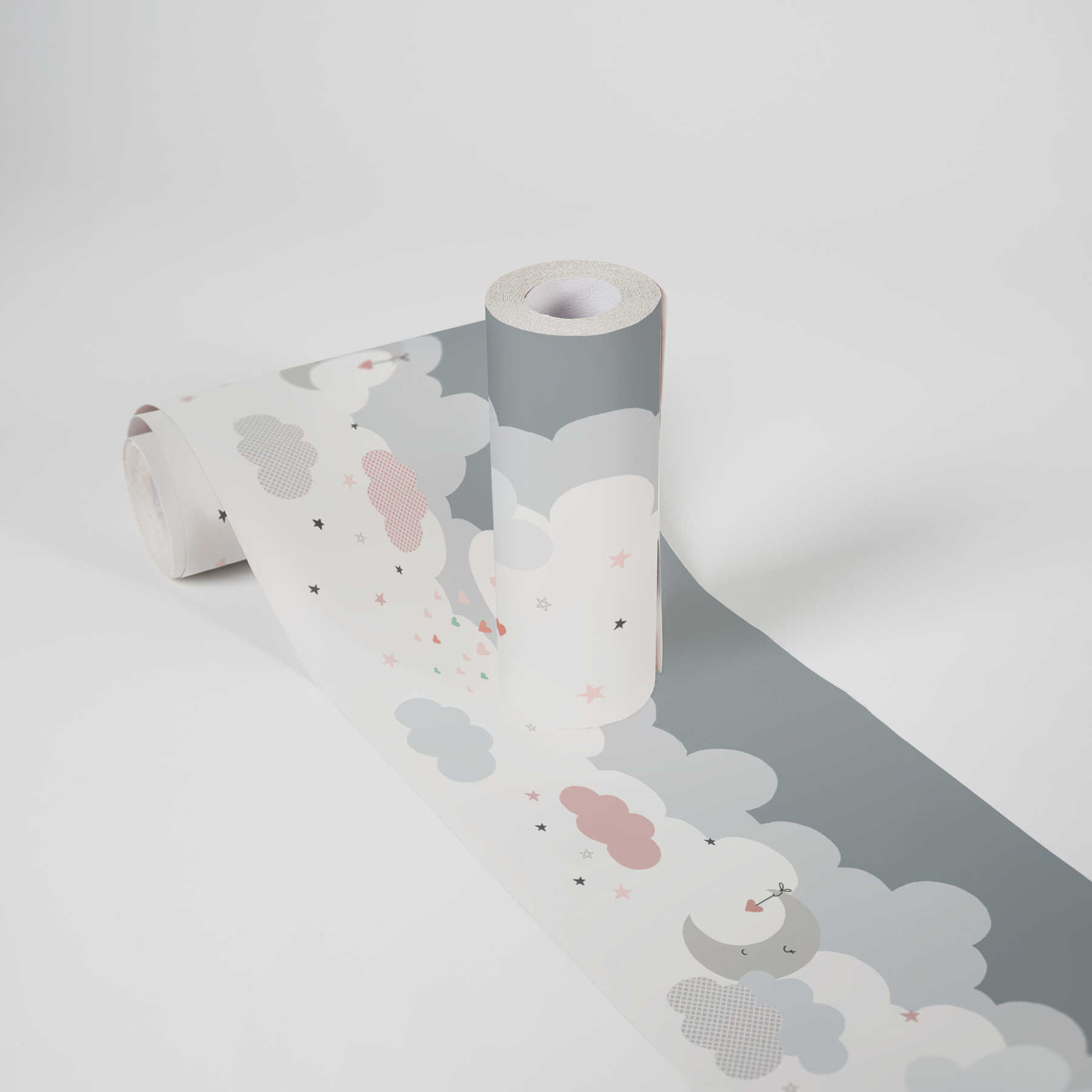             Self-adhesive baby room border "Pink sugar clouds" - pink, grey, white
        