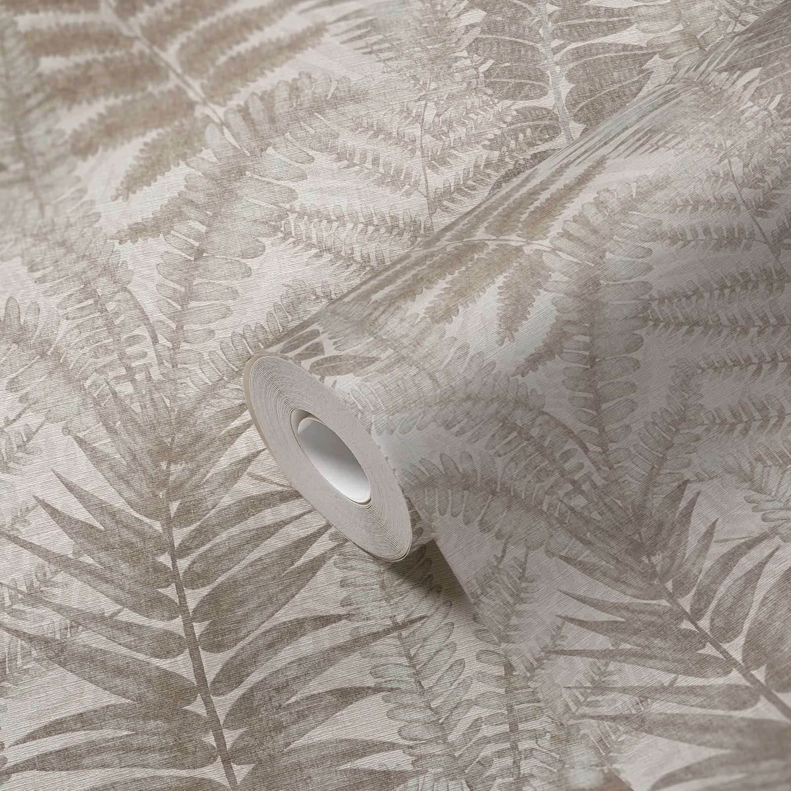             Papel pintado tejido-no tejido floral con hojas de helecho ligeramente texturado, mate - gris, beige, topo
        