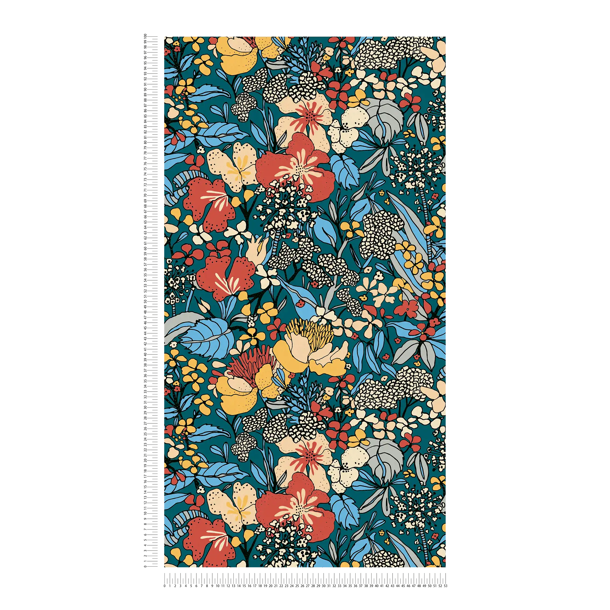             Non-woven wallpaper 70s retro floral design - colourful, blue, orange
        