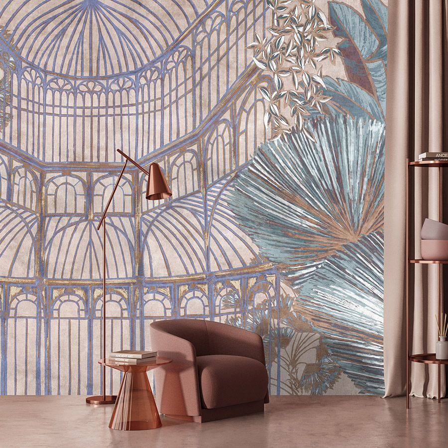 Photo wallpaper »orangerie 2« - Pavilion with jungle leaves on vintage plaster texture - Rosé, Turquoise | Matt, Smooth non-woven fabric
