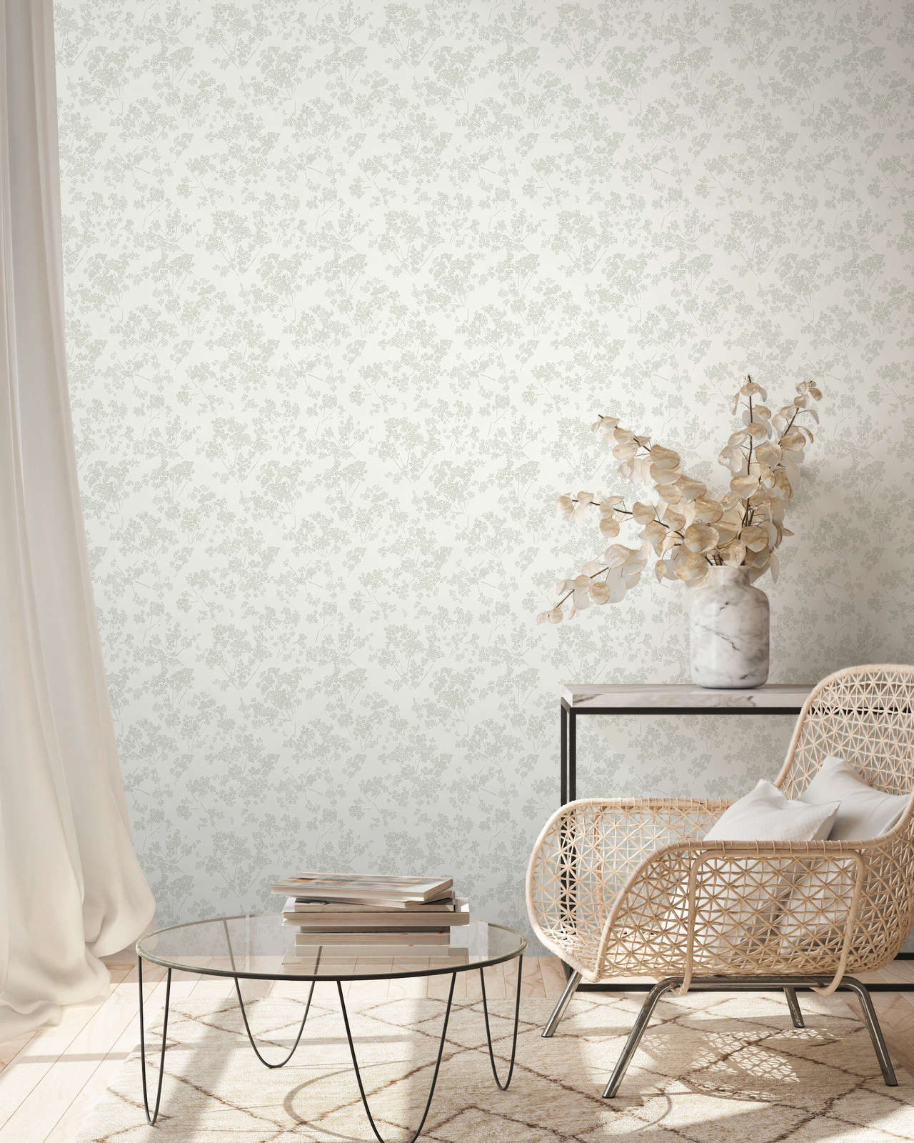             Non-woven wallpaper with floral pattern - white, green, grey
        