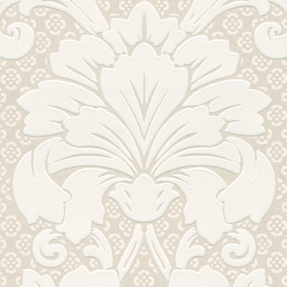             Patterned ornamental wallpaper with large floral motif - cream, bronze
        