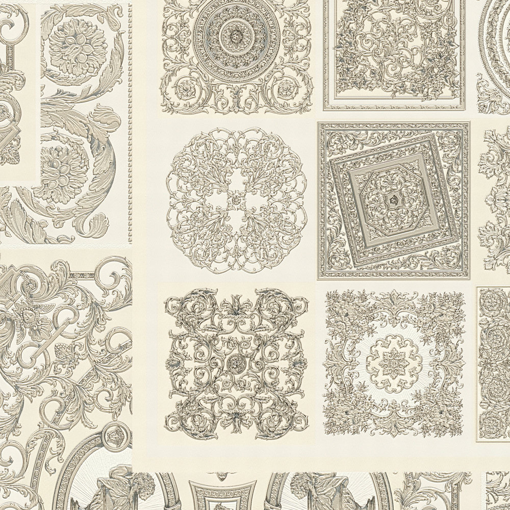             VERSACE Home behang barokke details & dierenprint - zilver, grijs, wit
        