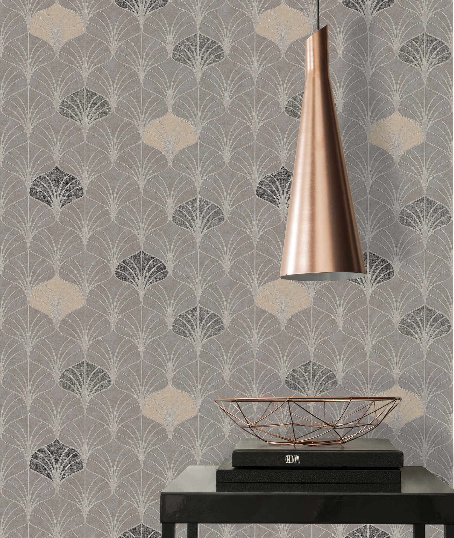             Pattern wallpaper art deco style with metallic effect - grey, beige, brown
        