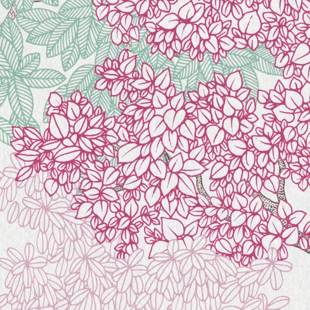             Carta da parati foresta in stile disegno con cime di alberi - rosa, blu, bianco
        