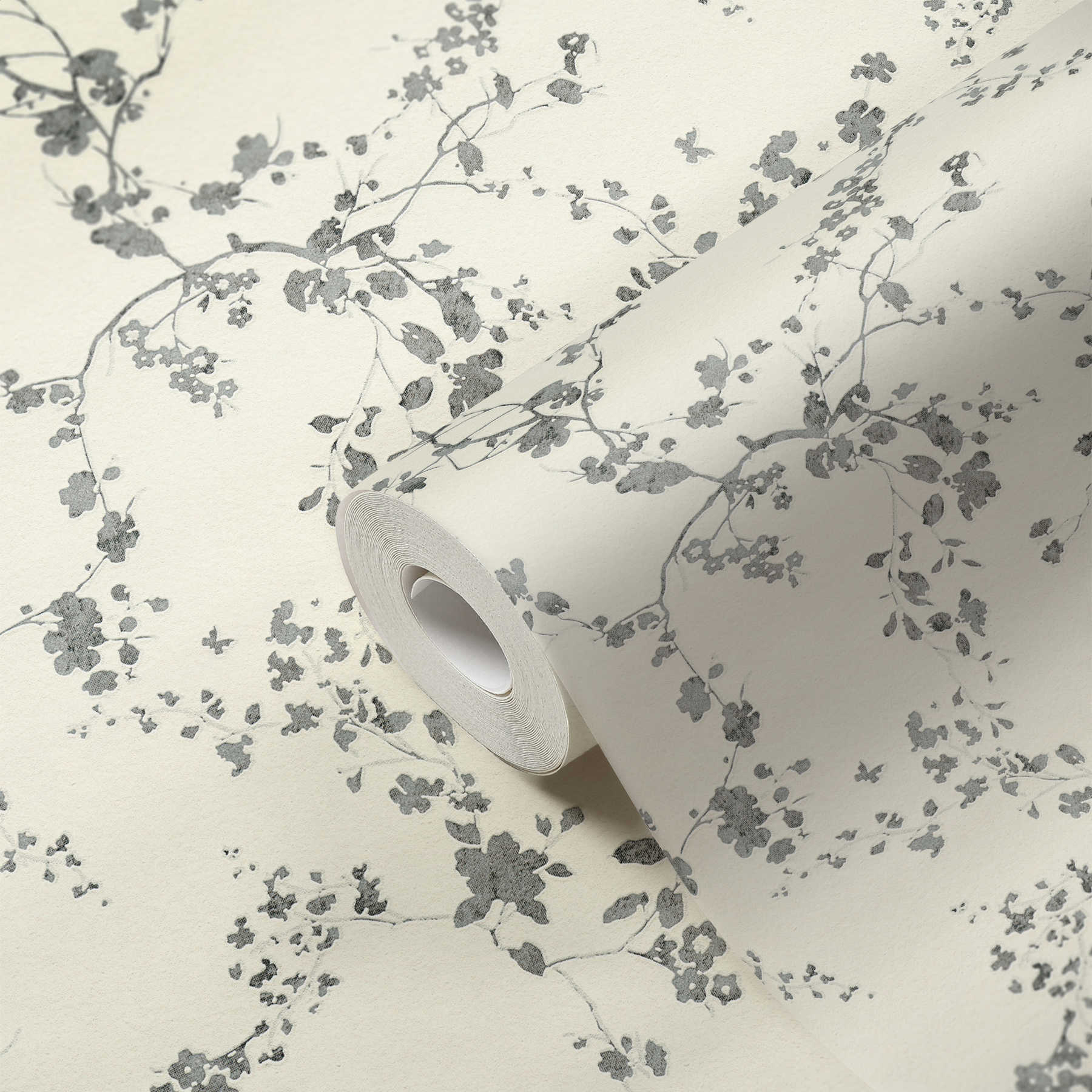             Papel pintado no tejido con flores en estilo campestre - plata, negro, blanco
        