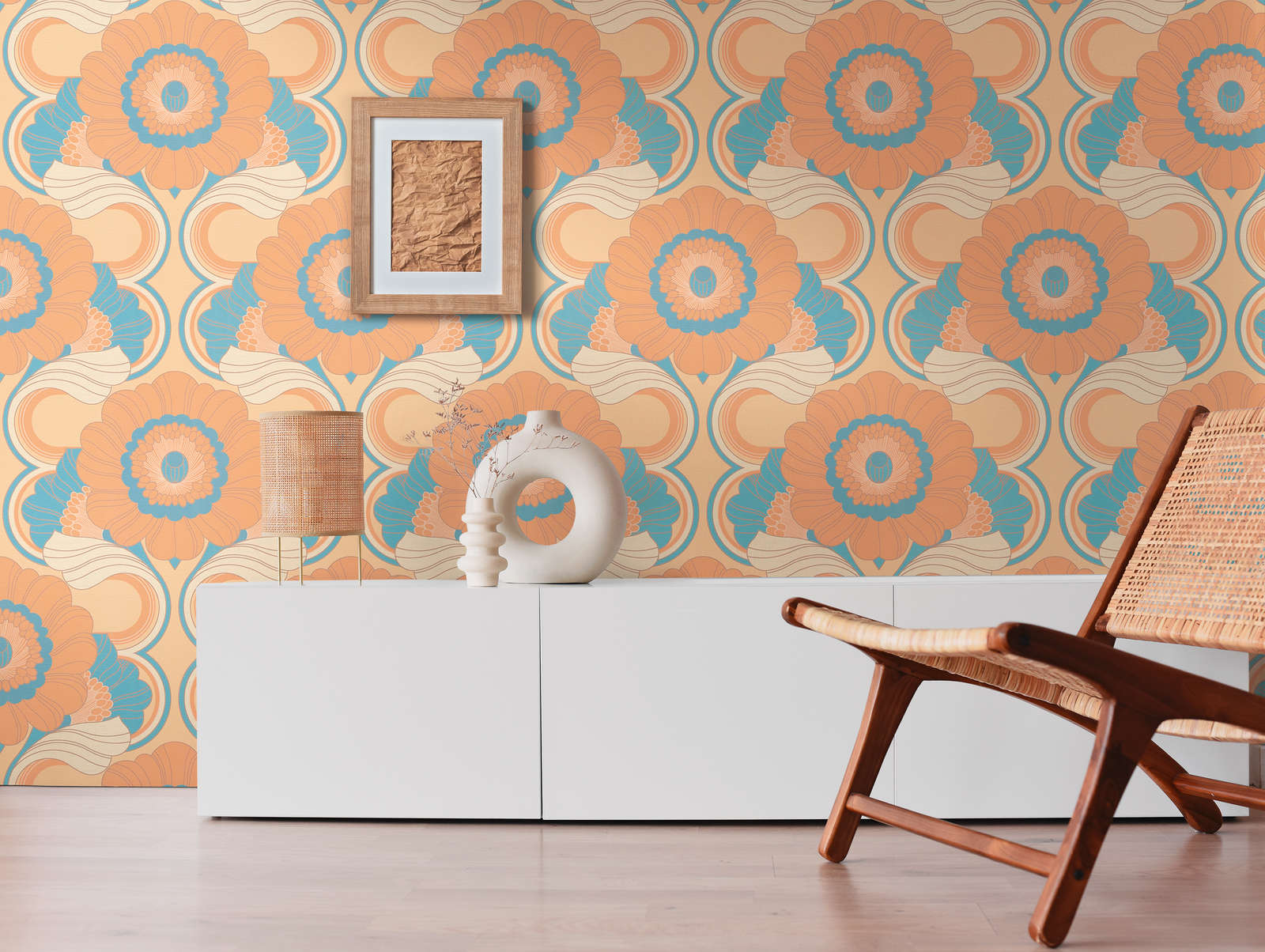             Floral non-woven wallpaper in retro style - beige, turquoise, orange
        