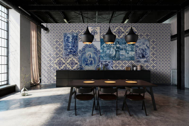             Azulejos 1 - Onderlaag behangtegels Collage Retro Stijl - Beige, Blauw | Premium Smooth Vliesbehang
        