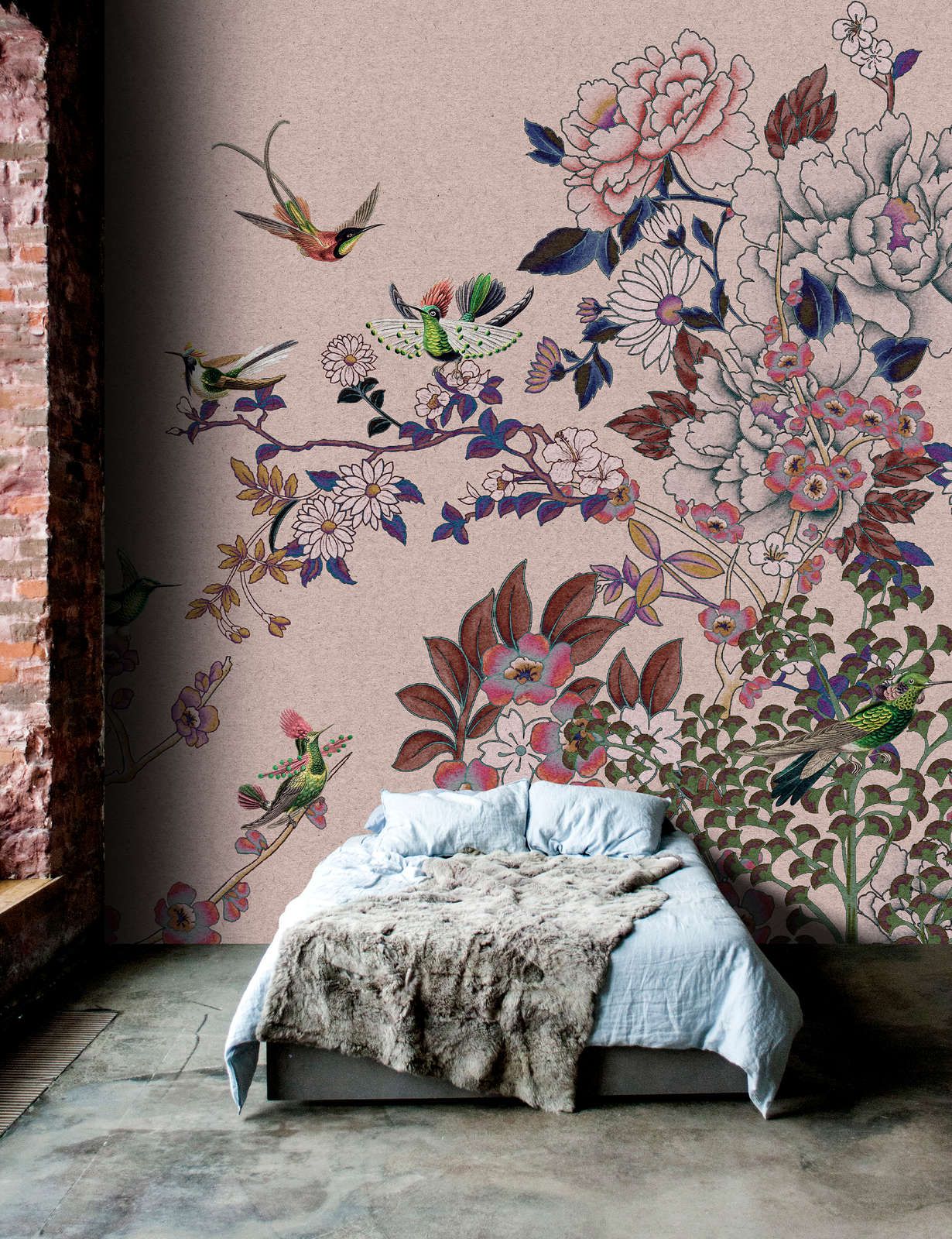             Photo wallpaper »madras 2« - Rose-coloured floral motif with hummingbirds on kraft paper texture - Smooth, slightly shiny premium non-woven fabric
        