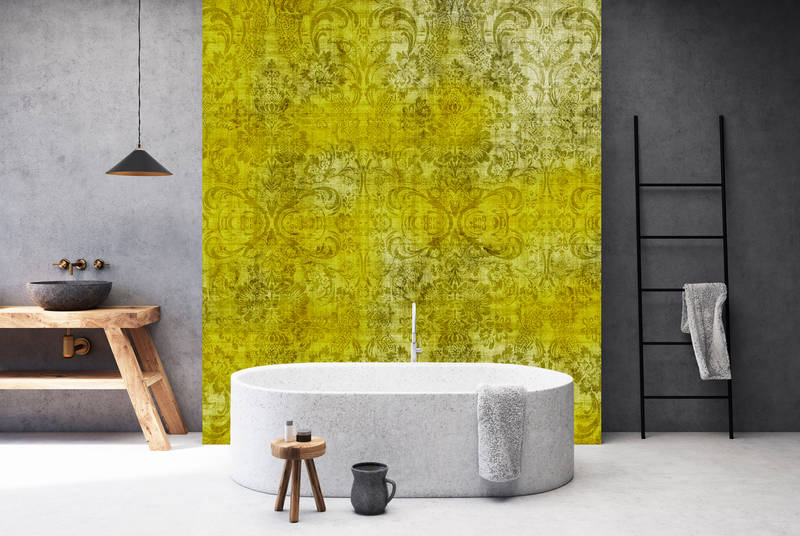             Old damask 1 - Ornaments on yellow-mottled photo wallpaper in natural linen structure - Yellow | Structure non-woven
        