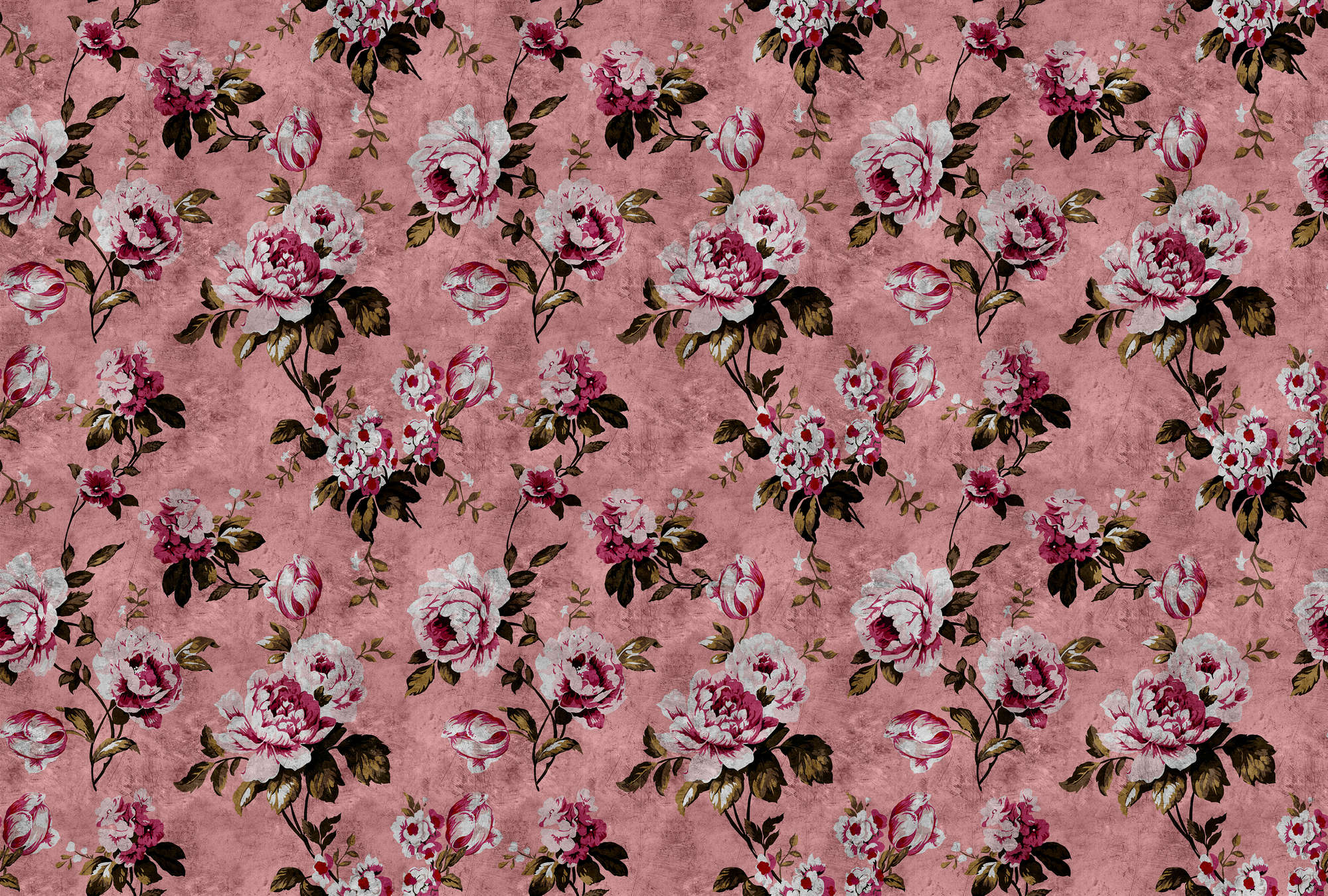             Wilde rozen 4 - Rozen fotobehang in retro look, roze in krasstructuur - Roze, Rood | Parel glad vlies
        