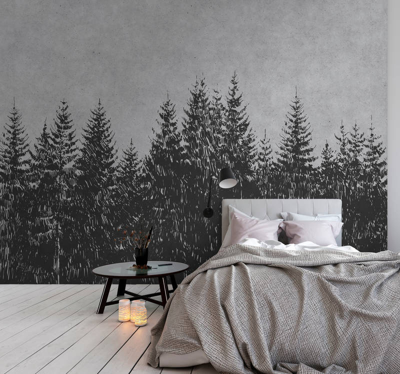             Papier peint forêt de sapins style dessin - gris, noir
        