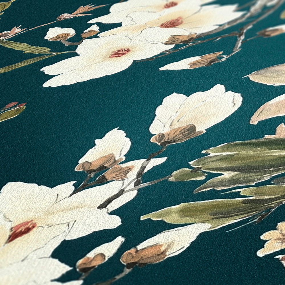             Papier peint intissé Nature Design fleurs branches & oiseaux - bleu, vert
        