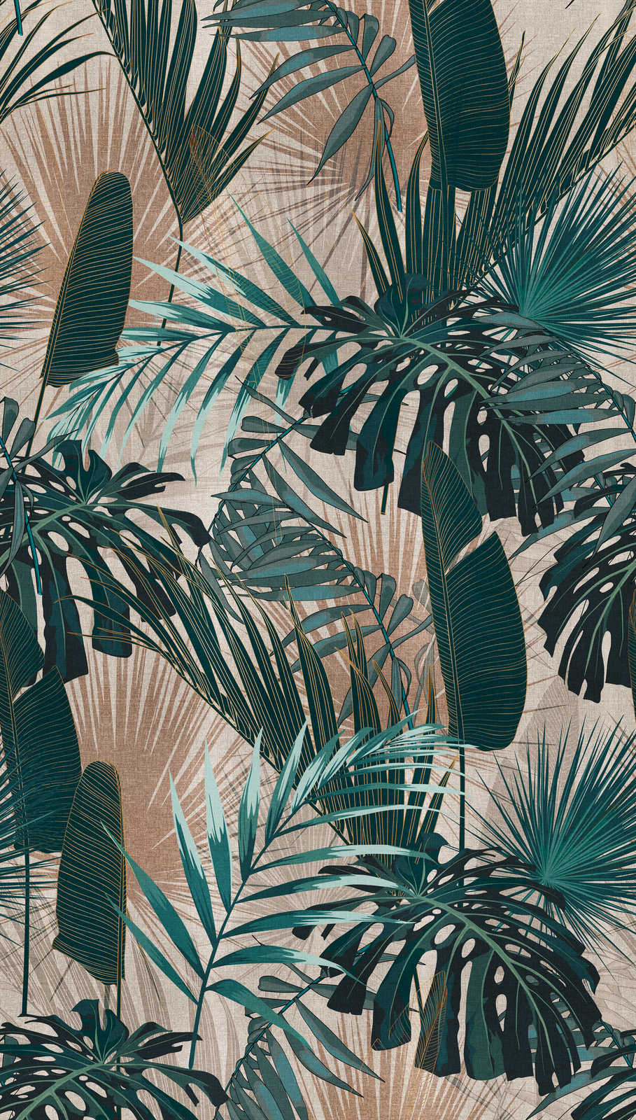             Wallpaper with jungle leaves motif - green, beige, petrol
        