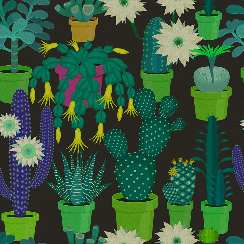 Cactustuin 2 - Digital behang met kleurrijke cactussen in komische stijl in kartonnen structuur - Groen, Zwart | Matte gladde vlieseline
