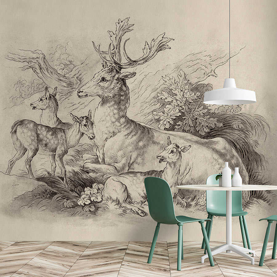         On the Grass 1 - photo wallpaper deer & stag vintage drawing in beige
    
