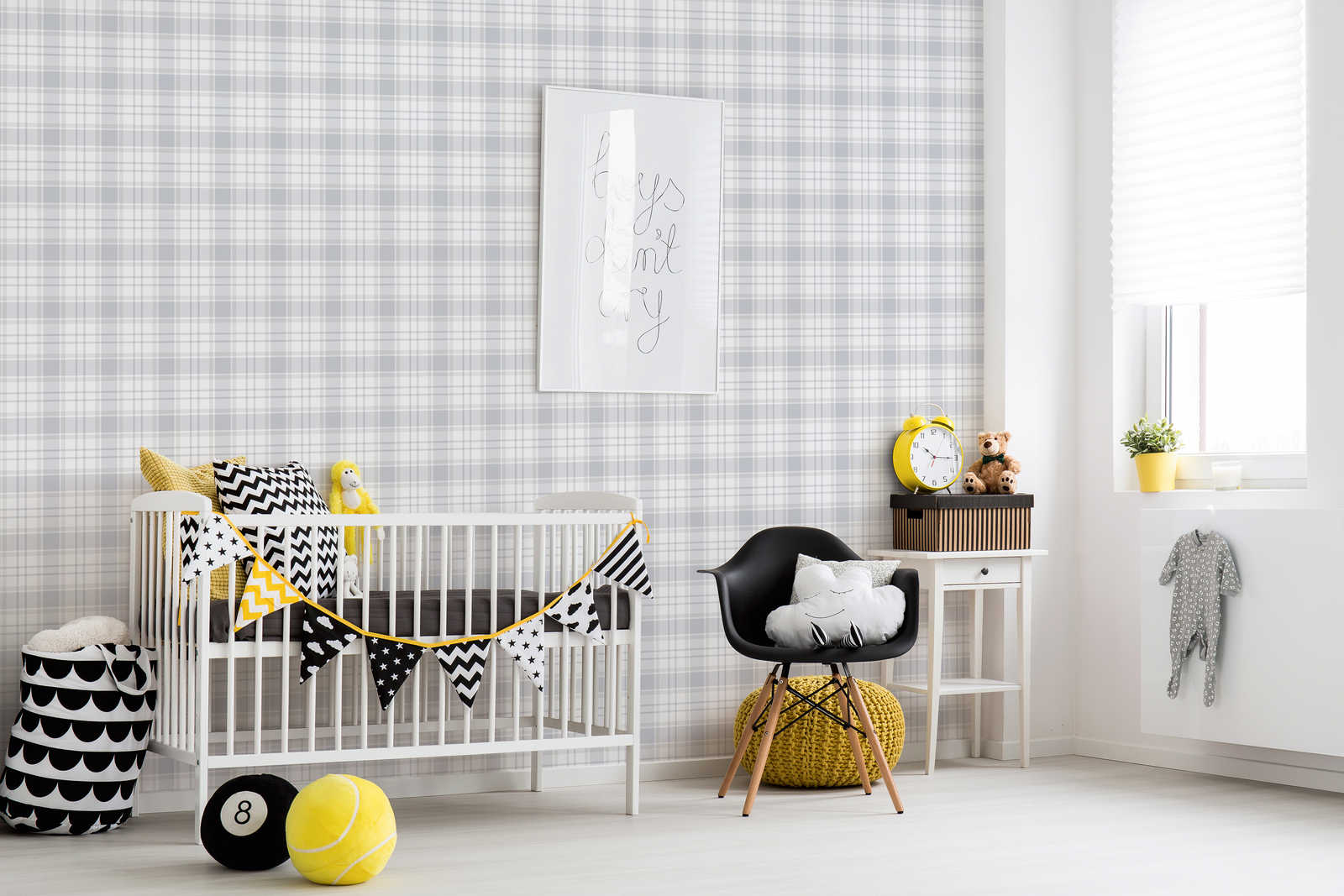             Papel pintado habitación infantil motivo tartán - beige, gris, blanco
        