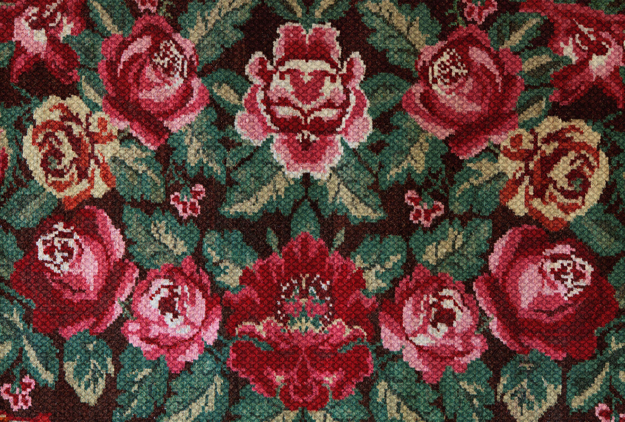             Roses mural in folklore style & retro design - pink, green, red
        