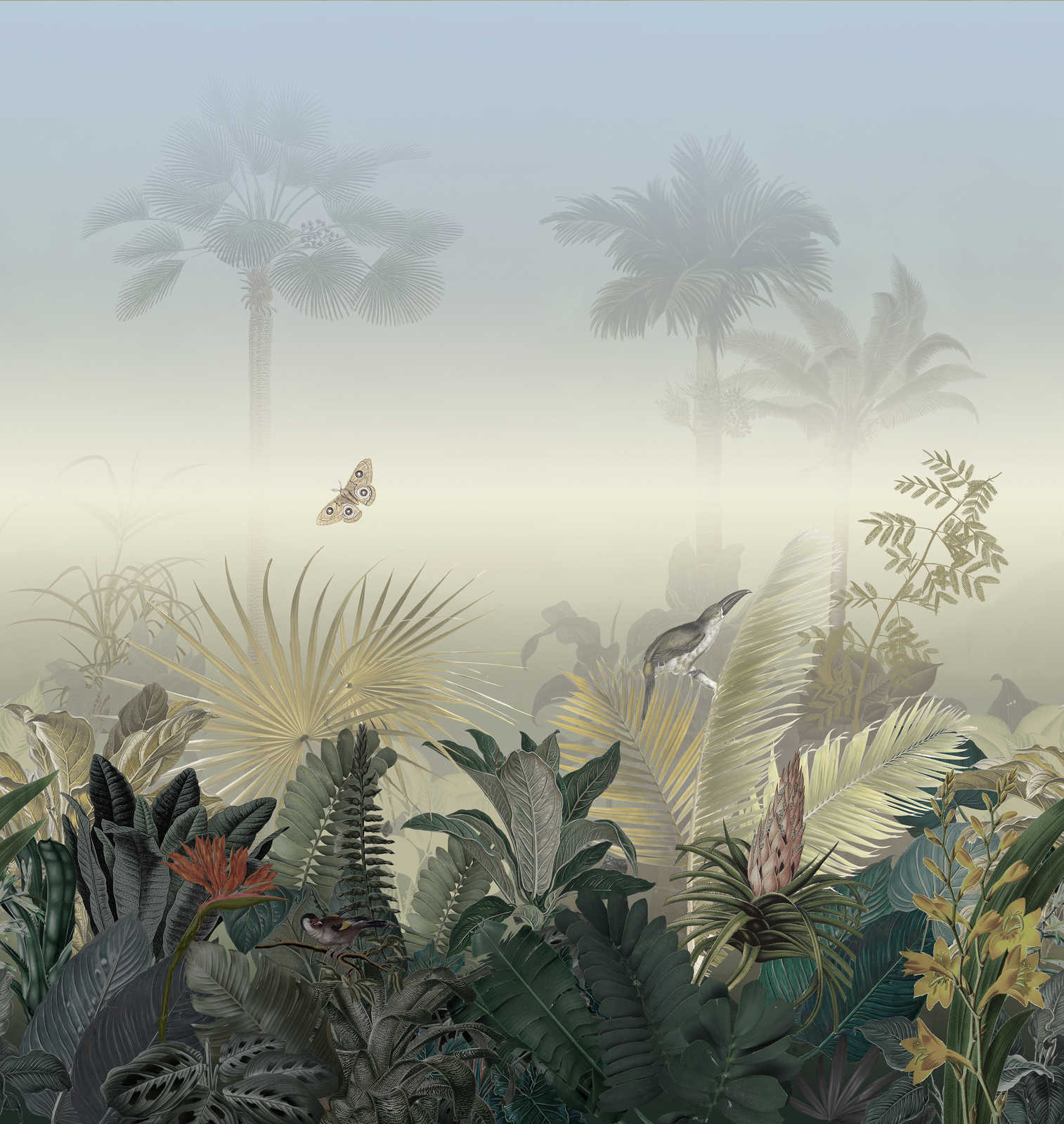             Carta da parati con animali nella nebbia - colorata, blu, verde - con motivi di giungla
        