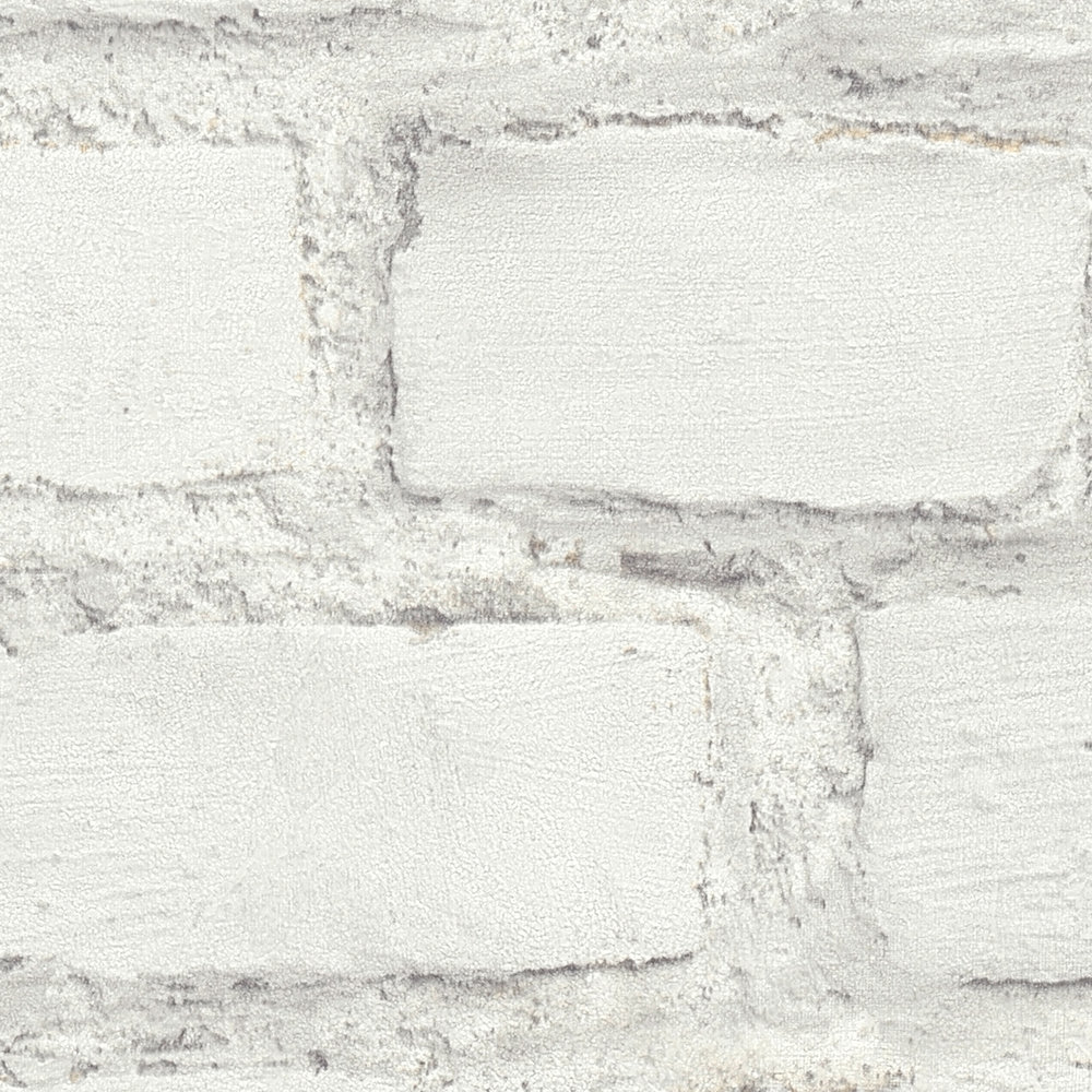             Papel pintado con óptica de pared, pared de ladrillo pintado - blanco, gris
        