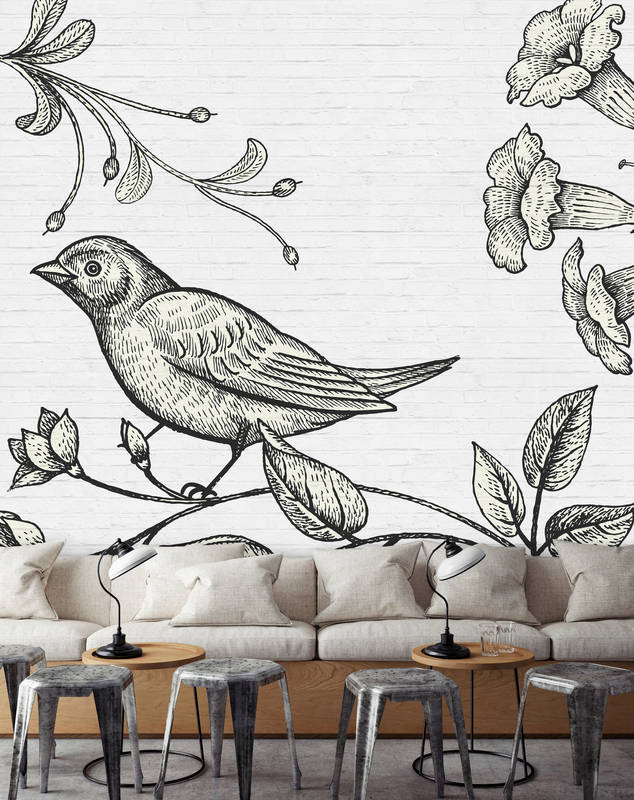             Stenen muurschildering met vogel en bloemen
        
