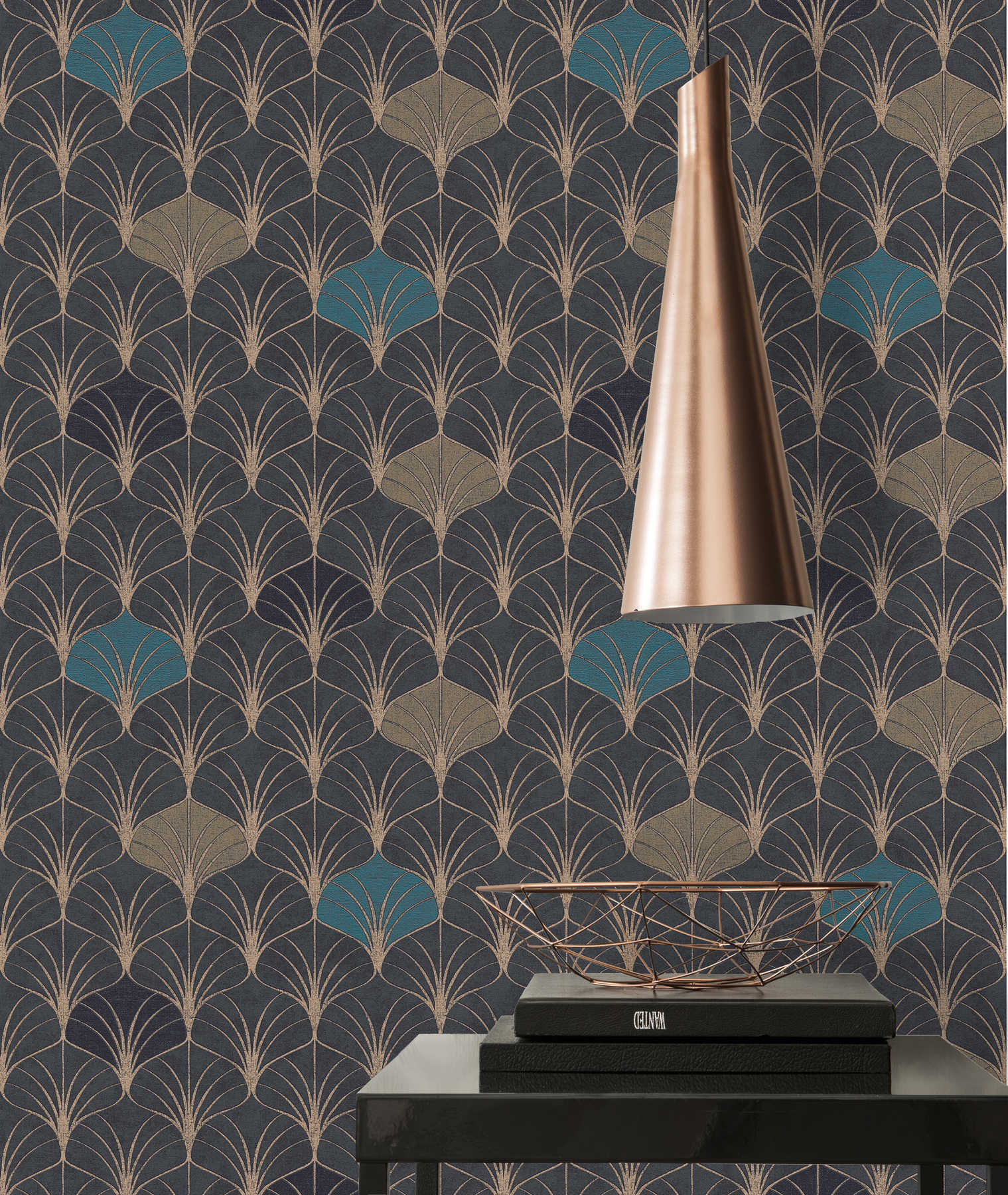             Pattern wallpaper art deco style with metallic effect - gold, black, blue
        