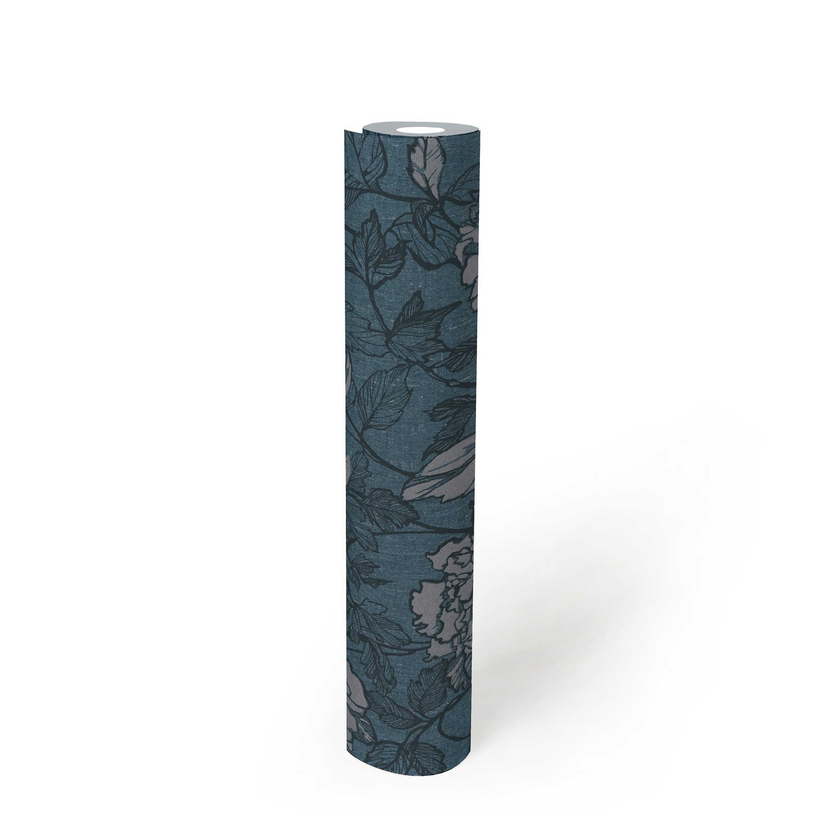             Papier peint aspect textile pétrole avec motif à fleurs - bleu, gris
        