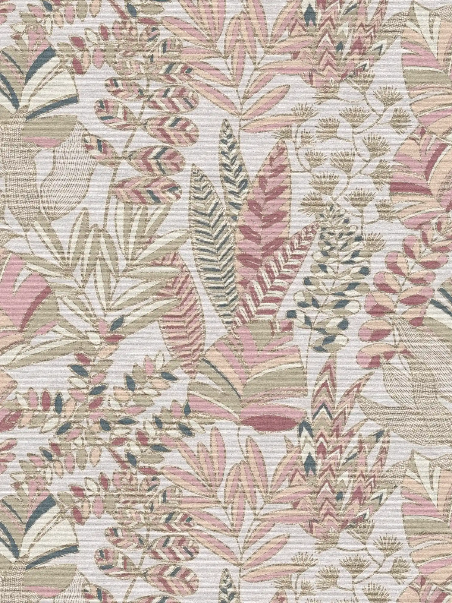 Papel pintado no tejido con grandes hojas en un ligero brillo - rosa, blanco, dorado
