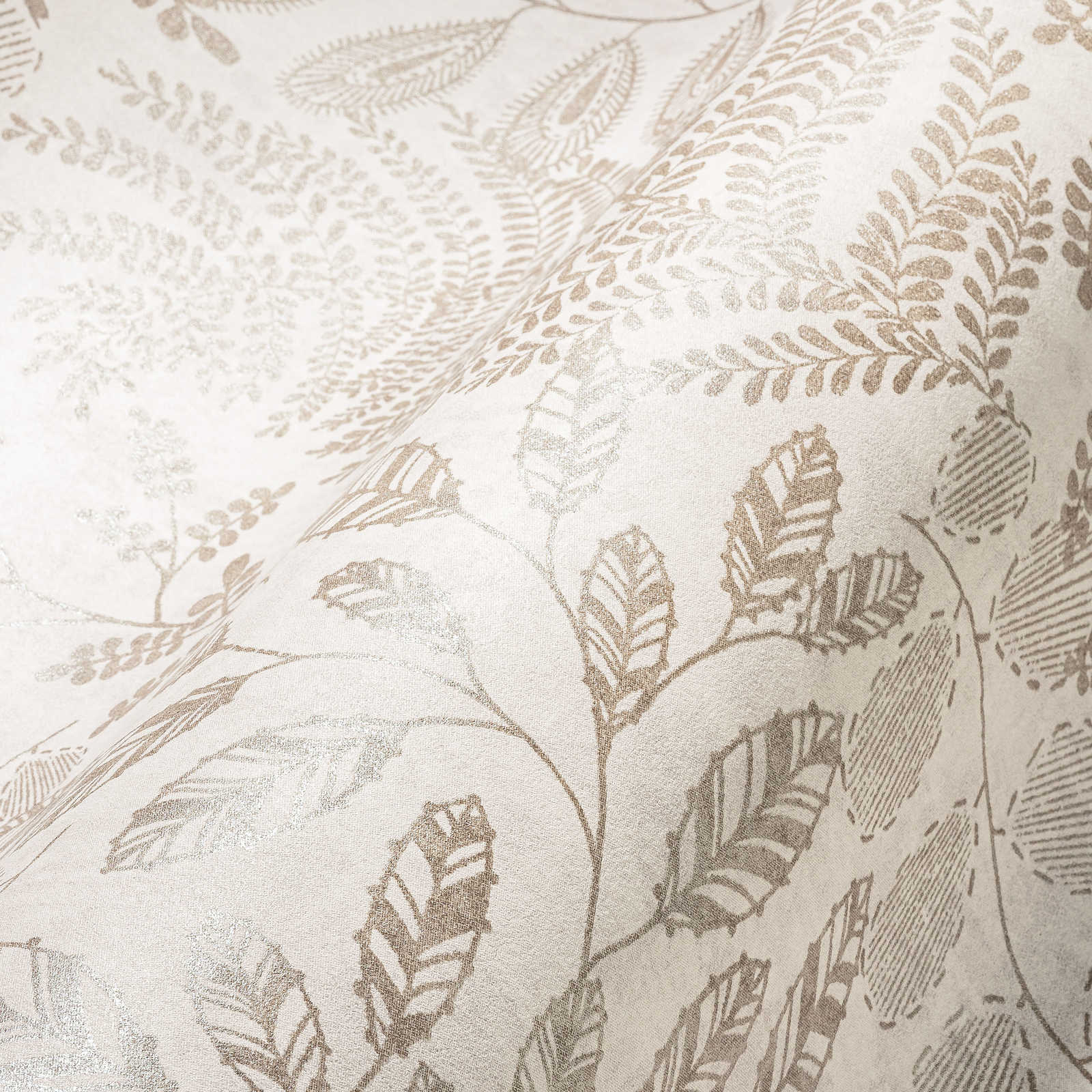             papel pintado diseño de hojas en estilo boho - beige, metálico
        