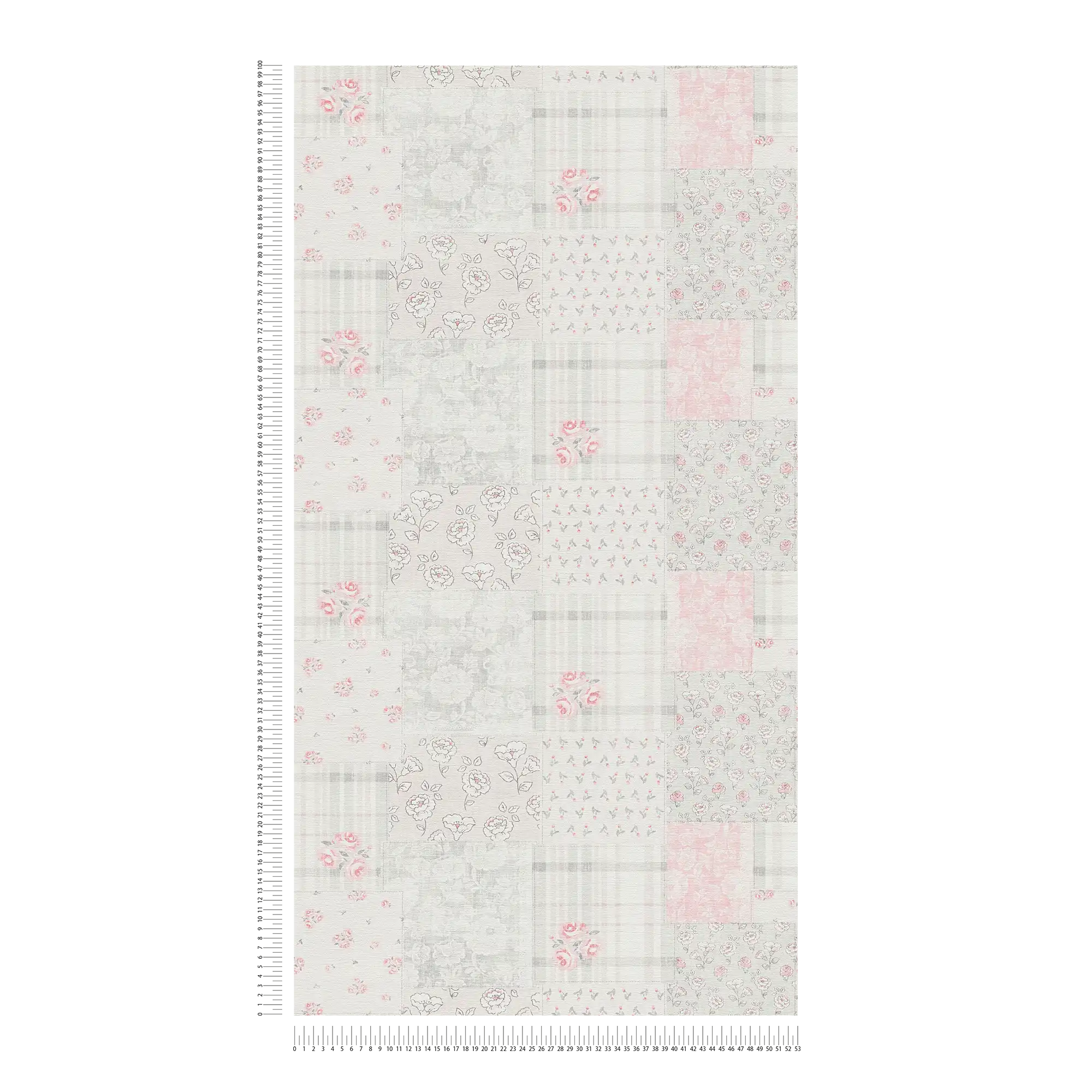             Wallpaper country house floral and chequered pattern - grey, red, white
        