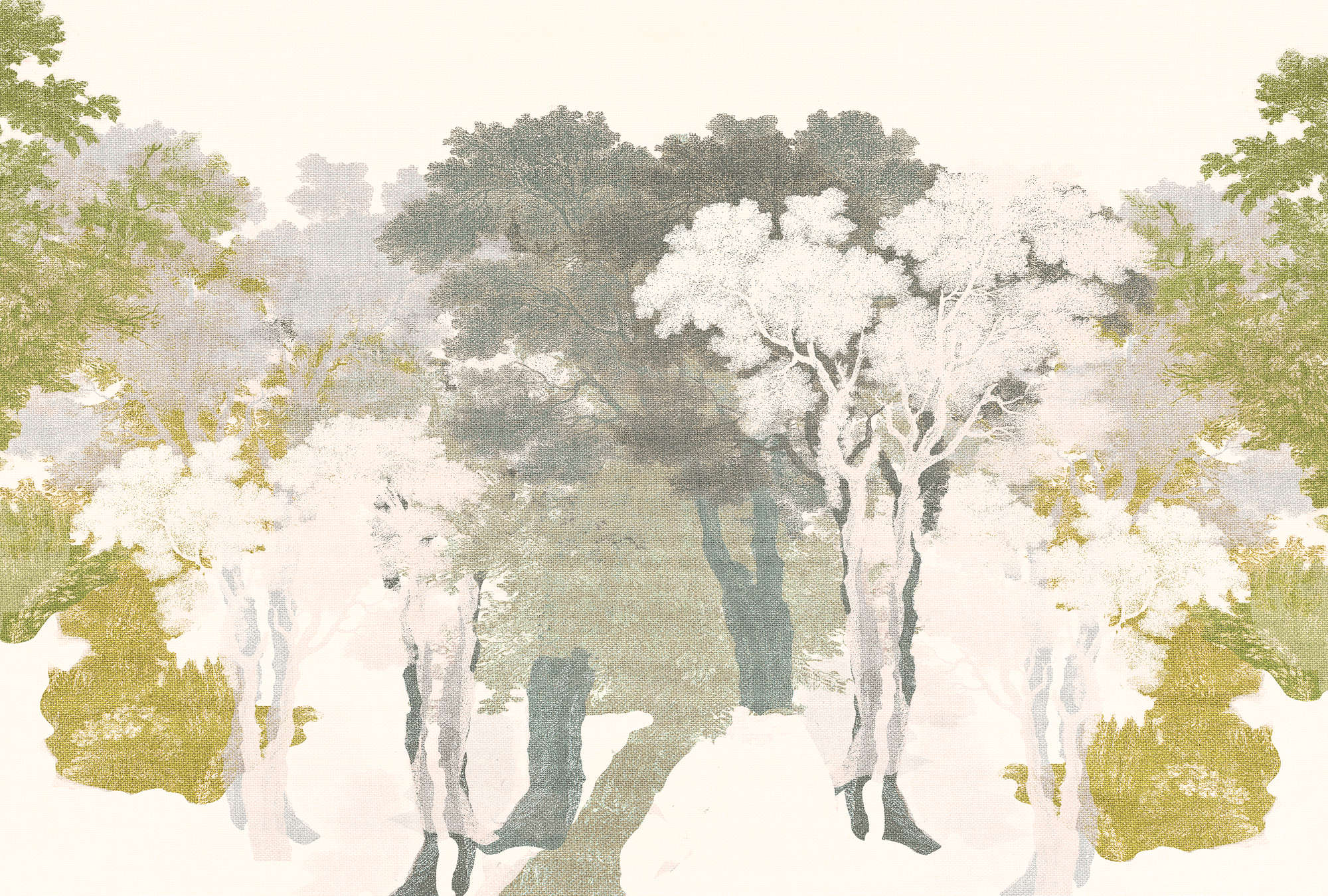             Fotomurali alberi, design foresta e look lino - Verde, grigio, bianco
        