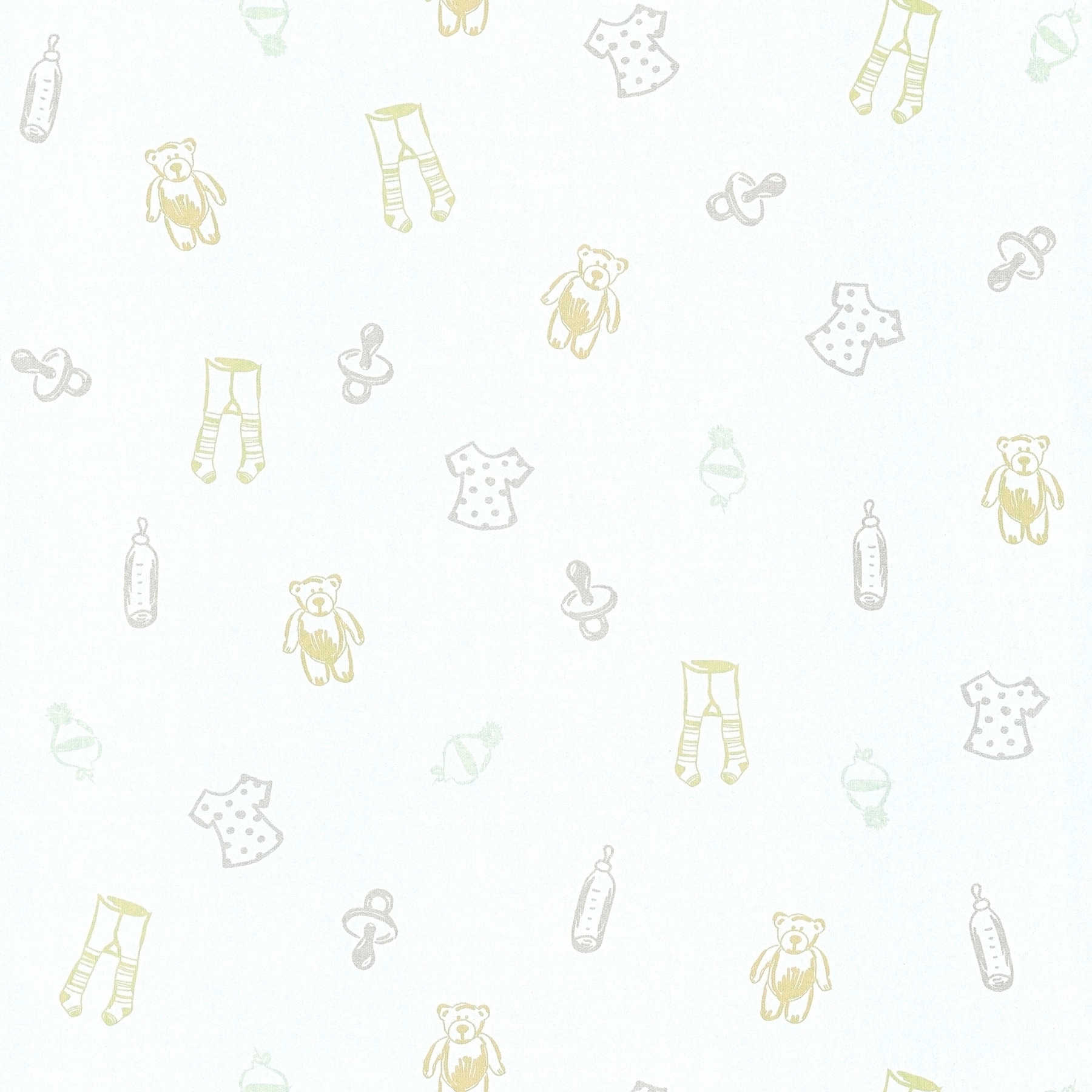 Wallpaper baby room with cute pattern - metallic, white
