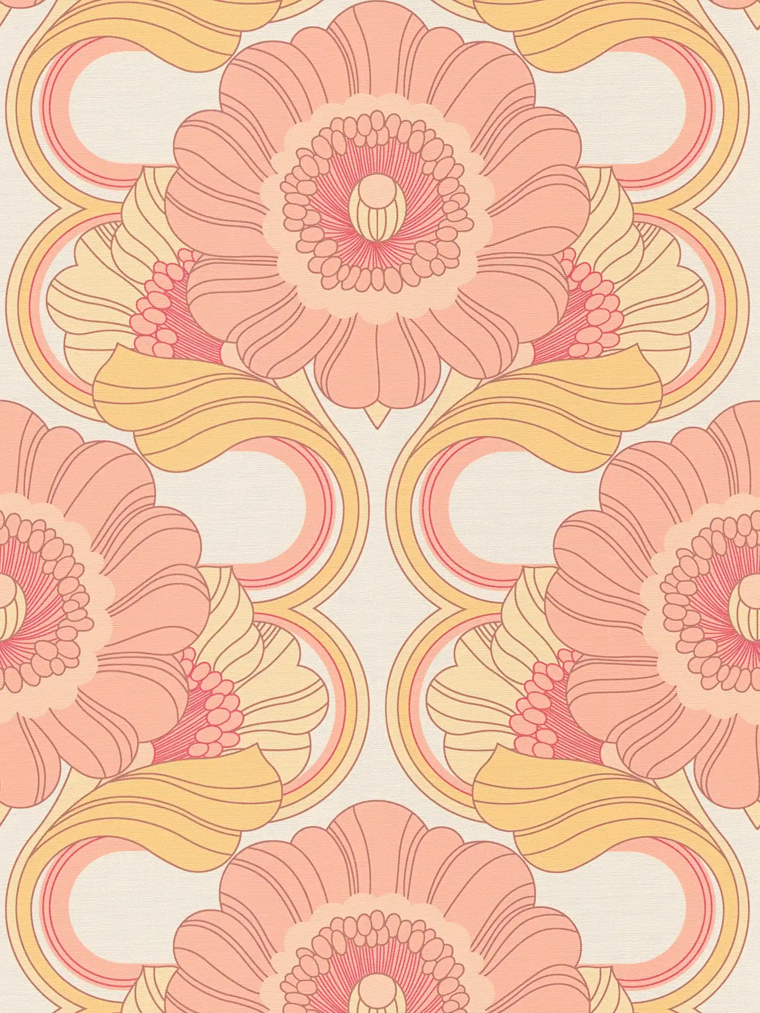 Floral retro wallpaper with light structure - yellow, pink, white
