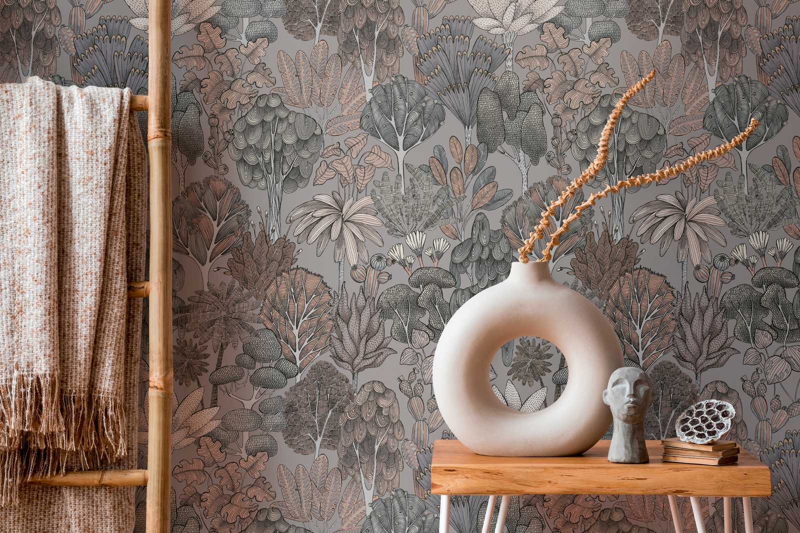             Wallpaper grey beige with floral pattern in doodle look - grey, beige, orange
        