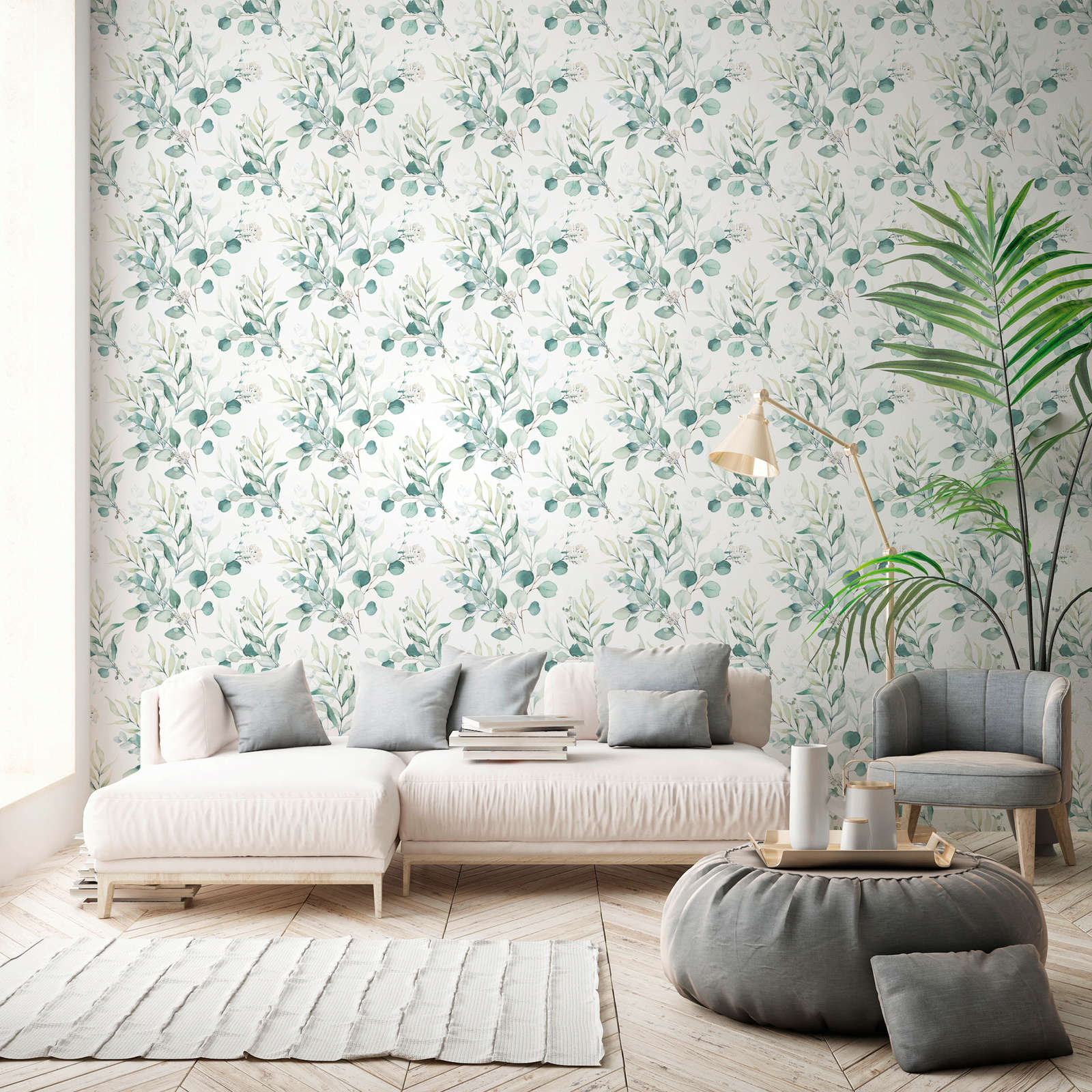             Non-woven wallpaper with watercolour leaf pattern - cream, green
        