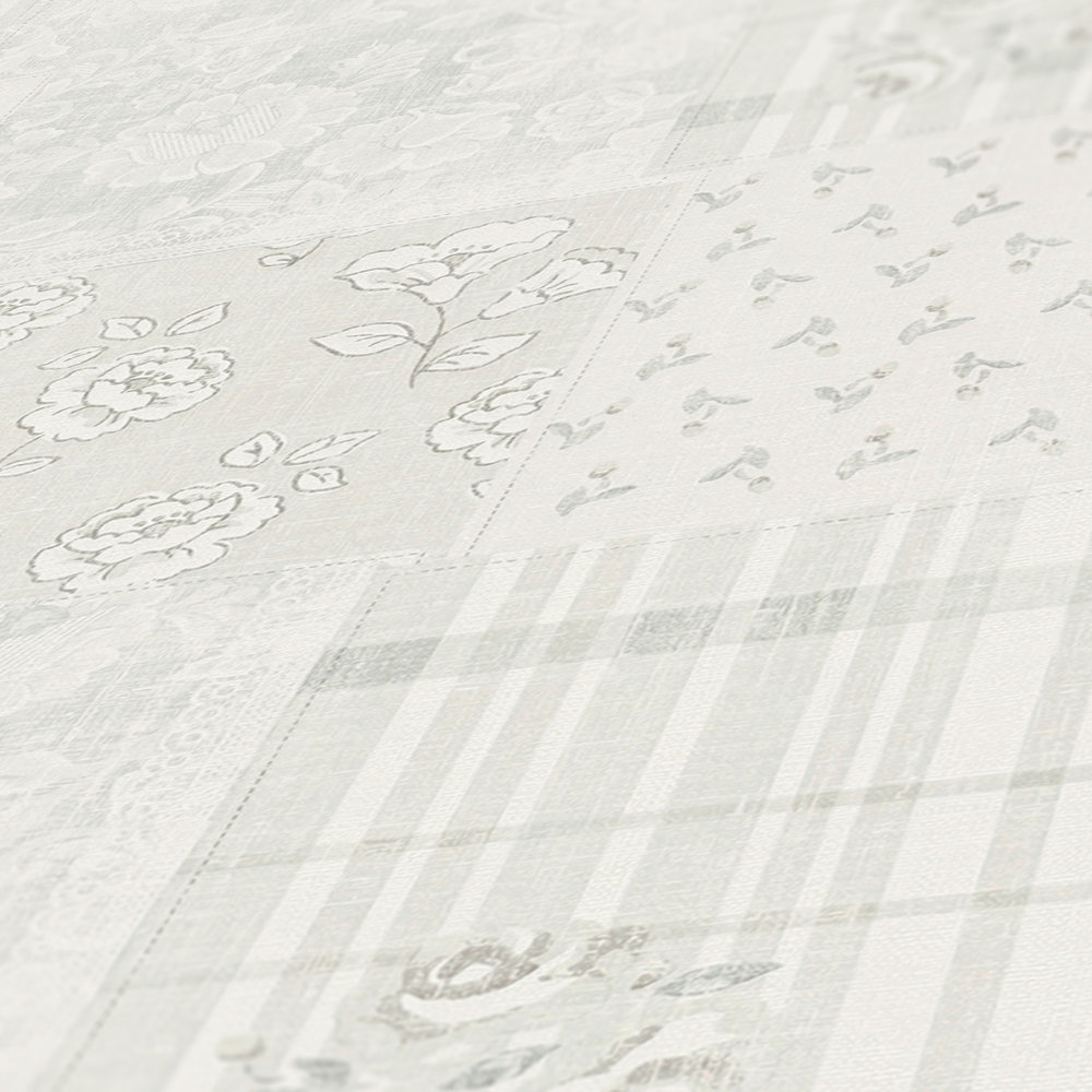             Papel pintado no tejido con motivos florales de estilo campestre - gris, blanco
        