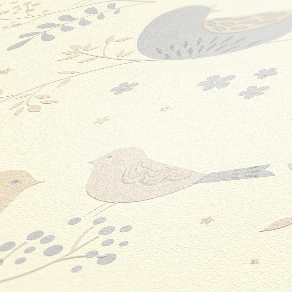             Papel pintado con motivos de pájaros y flores para la habitación del bebé - Beige, Gris
        